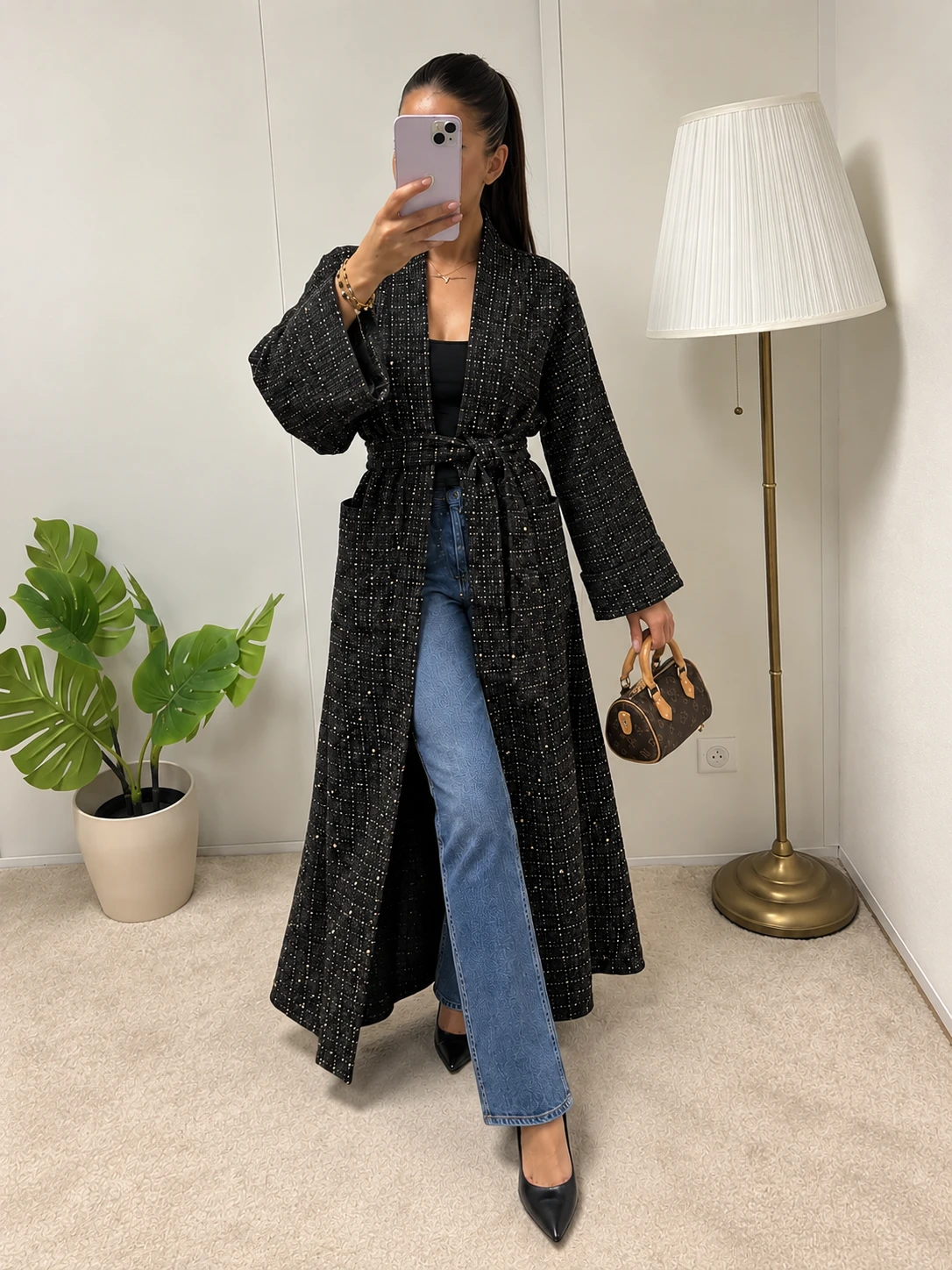 Long textured belted jacket